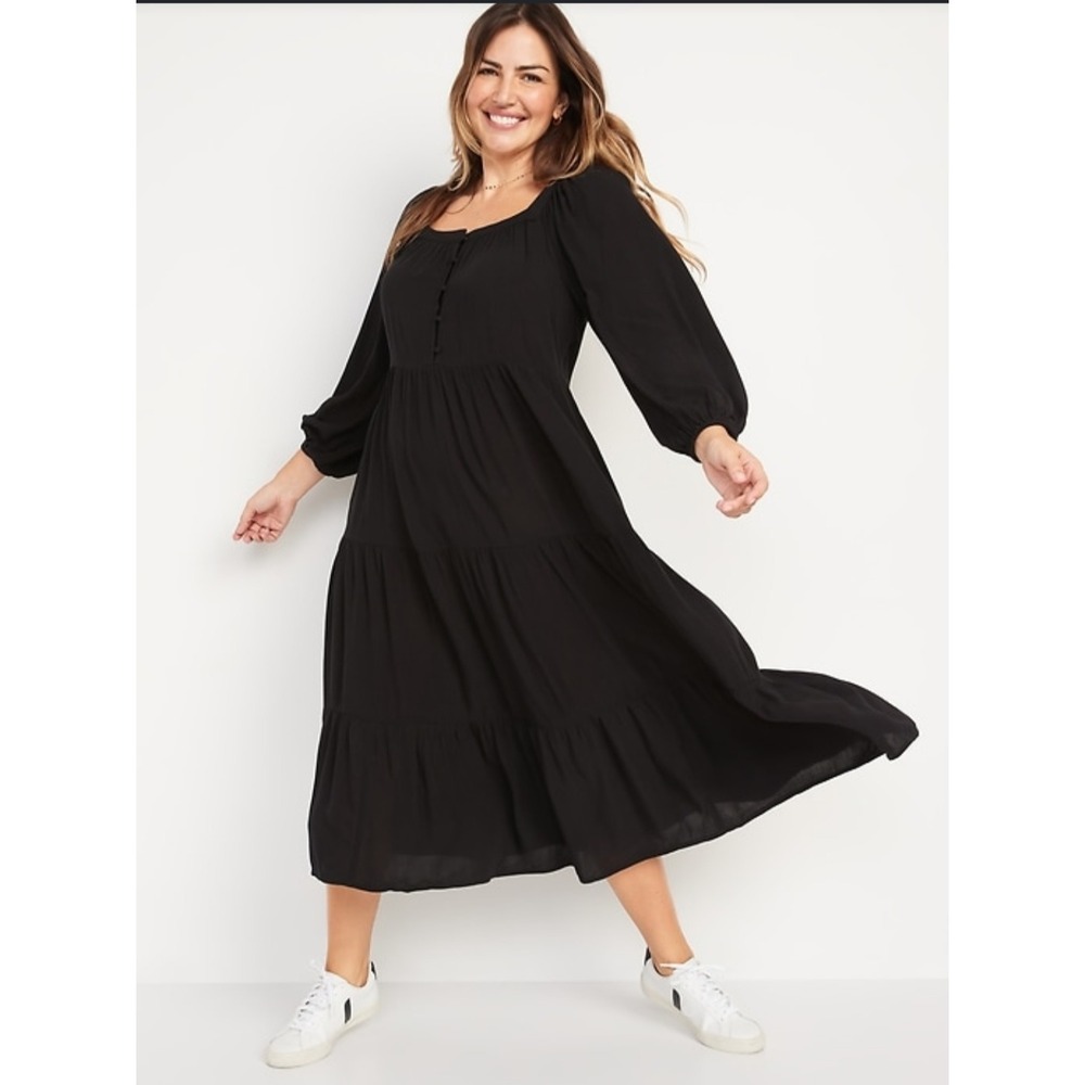 New Old Navy Dress XXL Maxi Swing Square Neck Tiered Long Sleeve Boho Peasant